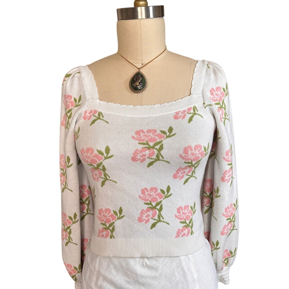Floral Puff Sleeve Square Neck Willow & Wind Sweater M White Pink